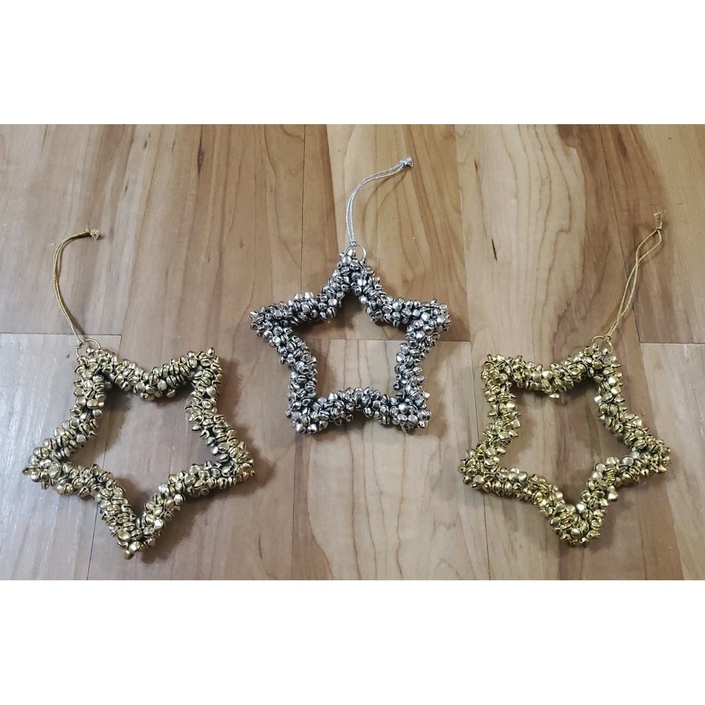 Martha Stewart Jingle Bell Star Ornaments Set 1 Gold 2 Silver Christmas 5.5" Lot